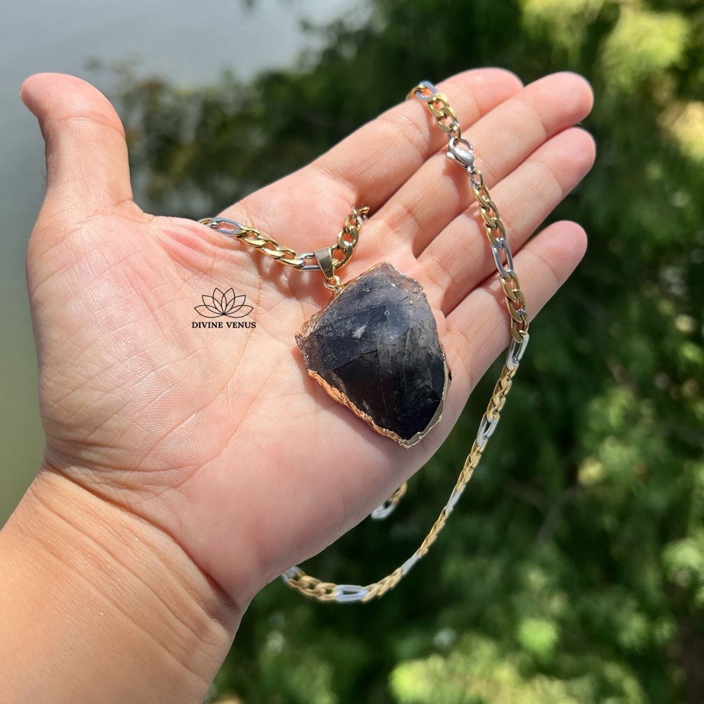 Tourmalinated Quartz Necklace - Black Tourmaline & Quartz Stainless Steel Chain